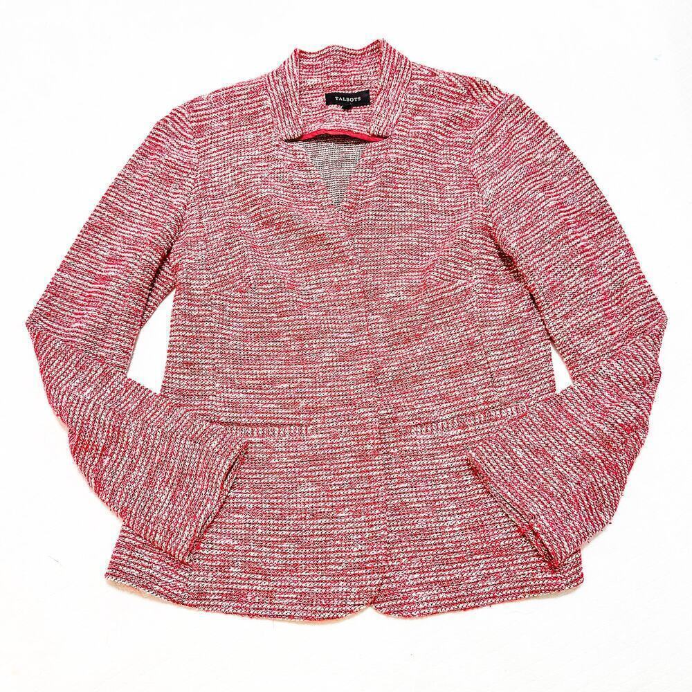 Talbots Red White Tweed Career Open Blazer Collared Form Fitting Size 10